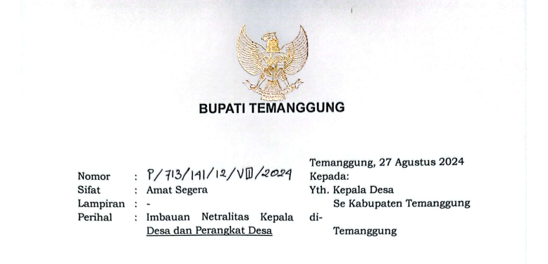 Imbauan Bupati Temanggung tentang Netralitas Kepala Desa dan Perangkat Desa